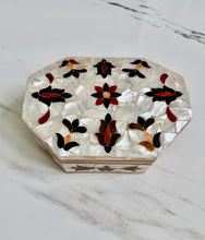 Load image into Gallery viewer, Mother of Pearl Mosaic Jewelry Box | Handcrafted Octagonal Trinket Box with Inlaid Floral Design