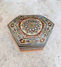 Load image into Gallery viewer, Hexagonal Mosaic Inlay Jewelry Box, Middle Eastern Marquetry with Mother of Pearl, Red Velvet Lined Trinket Box