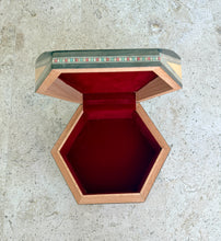 Load image into Gallery viewer, Hexagonal Mosaic Inlay Jewelry Box, Middle Eastern Marquetry with Mother of Pearl, Red Velvet Lined Trinket Box