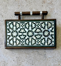Load image into Gallery viewer, Handcrafted Mother-of-Pearl Inlaid Clutch | Damascene Geometric Star Design | Wooden Handle Evening Bag