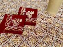 Load image into Gallery viewer, Table Cover: 135 x 78 inches Approx’. Aghabani Oriental for Rectangle Tables, Burgundy background with Gold & White Silk Embroidery