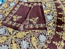 Load image into Gallery viewer, Round Table Cover. Diameter: 78 inches Approx'. Aghabani Oriental for Round Tables. Brown background with Gold & White Silk