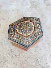 Load image into Gallery viewer, Hexagonal Mosaic Inlay Jewelry Box, Middle Eastern Marquetry with Mother of Pearl, Red Velvet Lined Trinket Box