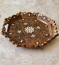 Load image into Gallery viewer, Handcrafted Wooden Tray with Mother-of-Pearl Inlay | Octagonal Serving Tray with Handles | Middle Eastern Damascene Style