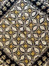 Load image into Gallery viewer, Table Cover: 58 x 58 inches Approx'. Black background with Gold and Silver Silk Embroidery tablecloth Handmade Aghabani for Square tables