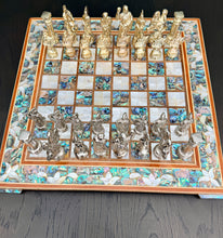 Load image into Gallery viewer, Luxury Abalone & Mother of Pearl Chess Set | 16x16 Handcrafted Mosaic Board | Gold & Silver Metal Pieces | Collector Gift | Home Decor