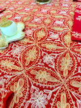 Load image into Gallery viewer, Table Cover: 177 x 74 inches Approx’. Aghabani Oriental for Rectangle Tables, Red background with Gold & White Silk Embroidery