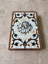 Load image into Gallery viewer, Handcrafted Mother of Pearl Mosaic Box — “Al-Quran Al-Kareem” Wooden Storage Box with Arabic Calligraphy