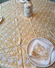 Load image into Gallery viewer, Round Table Cover. Diameter: 78 inches Approx'. Aghabani Oriental for Round Tables. White background with Gold & White Silk