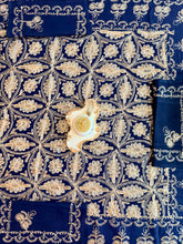 Load image into Gallery viewer, Navy Blue & Gold Embroidered Tablecloth Set – Elegant Floral Design | 94” x 59” | Set of 12 Napkins