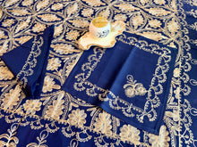 Load image into Gallery viewer, Navy Blue & Gold Embroidered Tablecloth Set – Elegant Floral Design | 94” x 59” | Set of 12 Napkins