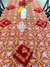 Load image into Gallery viewer, Table Cover: 156 x 78 inches Approx’. Aghabani Oriental for Rectangle Tables, Red background with Gold & Pink Silk Embroidery