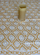 Load image into Gallery viewer, Table Cover: 58 x 58 inches Approx'. Off white background with Gold and White Silk Embroidery tablecloth Handmade Aghabani for Square tables