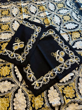 Load image into Gallery viewer, Table Cover: 58 x 58 inches Approx'. Black background with Gold and Silver Silk Embroidery tablecloth Handmade Aghabani for Square tables