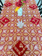 Load image into Gallery viewer, Table Cover: 156 x 78 inches Approx’. Aghabani Oriental for Rectangle Tables, Red background with Gold & Pink Silk Embroidery