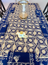 Load image into Gallery viewer, Navy Blue & Gold Embroidered Tablecloth Set – Elegant Floral Design | 94” x 59” | Set of 12 Napkins