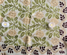 Load image into Gallery viewer, Table Cover: 58 x 58 inches Approx'. Beige background with Brown, Gold and Green Silk Embroidery tablecloth Handmade Aghabani for Square tables