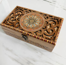 Load image into Gallery viewer, Handmade Marquetry Jewelry Box | Mother-of-Pearl Star Inlay | Wood Mosaic Keepsake Box | Velvet Lined | 9.25 x 5.4 x 3.1 in