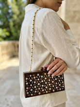 Load image into Gallery viewer, Wooden Box Clutch with Mother of Pearl & Abalone Inlay | Beaded Chain Strap