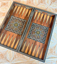 Load image into Gallery viewer, Handmade Mosaic Backgammon Set – Inlaid Walnut Wood & Mother-of-Pearl Game Board