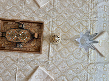 Load image into Gallery viewer, Table Cover: 78 x 56 inches Approx'. Aghabani Oriental for Rectangle Tables. Beige background with Gold and White Silk