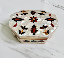 Load image into Gallery viewer, Mother of Pearl Mosaic Jewelry Box | Handcrafted Octagonal Trinket Box with Inlaid Floral Design