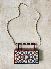 Load image into Gallery viewer, Handcrafted Mother-of-Pearl Inlaid Clutch | Damascene Geometric Star Design | Wooden Handle Evening Bag