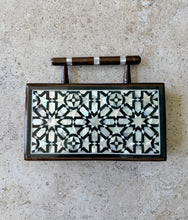 Load image into Gallery viewer, Handcrafted Mother-of-Pearl Inlaid Clutch | Damascene Geometric Star Design | Wooden Handle Evening Bag