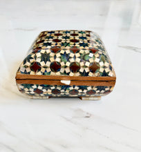 Load image into Gallery viewer, Vintage Khatam Mosaic Inlay Box | Micro-Mosaic Marquetry Jewelry Box | Star & Diamond Pattern | 6.1 x 6.1 x 3.5”