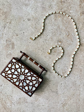 Load image into Gallery viewer, Handcrafted Mother-of-Pearl Inlaid Clutch | Damascene Geometric Star Design | Wooden Handle Evening Bag