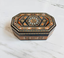 Load image into Gallery viewer, Handcrafted Marquetry Box | Mother of Pearl & Wood Inlay Octagonal Box | Middle Eastern Mosaic Jewelry Box