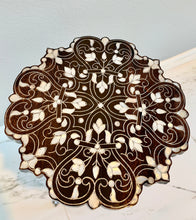 Load image into Gallery viewer, Mother of Pearl Inlay Side Table, Tripod Wood Accent Table, Vintage Moorish Style Plant Stand, Scalloped Top Occasional Table