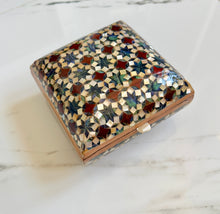 Load image into Gallery viewer, Vintage Khatam Mosaic Inlay Box | Micro-Mosaic Marquetry Jewelry Box | Star & Diamond Pattern | 6.1 x 6.1 x 3.5”
