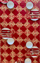 Load image into Gallery viewer, Silk Organza Tables Cover: 94 x 59 inches approx. Red background with Red & Gold embroidery