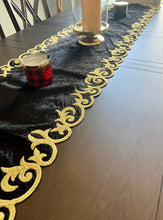 Load image into Gallery viewer, Table Runner: 85 x 20 inches approx. Black background with Gold Silk Embroidery