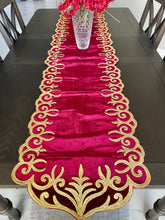 Load image into Gallery viewer, Table Runner: 85 x 20 inches approx. Red background with Gold Silk Embroidery