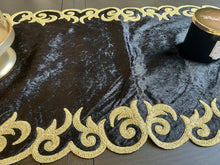 Load image into Gallery viewer, Table Runner: 85 x 20 inches approx. Black background with Gold Silk Embroidery