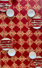 Load image into Gallery viewer, Silk Organza Tables Cover: 94 x 59 inches approx. Red background with Red & Gold embroidery