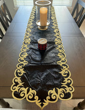 Load image into Gallery viewer, Table Runner: 85 x 20 inches approx. Black background with Gold Silk Embroidery