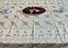 Load image into Gallery viewer, Table Cover: 78 x 56 inches Approx'. Aghabani Oriental for Rectangle Tables. White background with Pink and Gray Silk