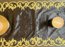 Load image into Gallery viewer, Table Runner: 85 x 20 inches approx. Black background with Gold Silk Embroidery