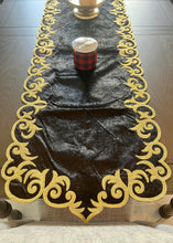 Load image into Gallery viewer, Table Runner: 85 x 20 inches approx. Black background with Gold Silk Embroidery