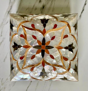 Large Sized Pearl Handmade Mosaic Box. Size: 10 x 10 inches