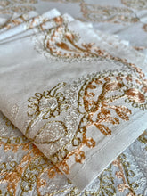 Load image into Gallery viewer, Table Cover: 117 x 58 inches Approx'. Aghabani Oriental for Rectangle Tables, White background with White and Peach Silk Embroidery