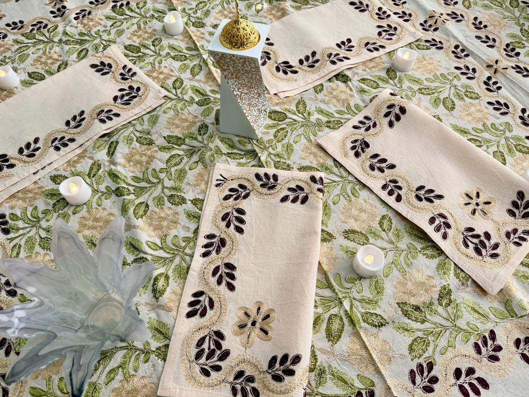 Table Cover: 58 x 58 inches Approx'. Beige background with Brown, Gold and Green Silk Embroidery tablecloth Handmade Aghabani for Square tables