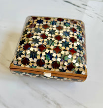 Load image into Gallery viewer, Vintage Khatam Mosaic Inlay Box | Micro-Mosaic Marquetry Jewelry Box | Star &amp; Diamond Pattern | 6.1 x 6.1 x 3.5”
