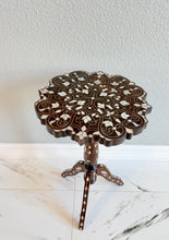 Load image into Gallery viewer, Mother of Pearl Inlay Side Table, Tripod Wood Accent Table, Vintage Moorish Style Plant Stand, Scalloped Top Occasional Table
