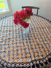Load image into Gallery viewer, Round Table Cover. Diameter: 78 inches Approx'. Aghabani Oriental for Round Tables. Black background with Gold and White Silk
