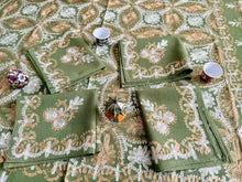 Load image into Gallery viewer, Table Cover: 58 x 58 inches Approx&#39;. Olive Green background with Gold and White Silk Embroidery tablecloth Handmade Aghabani for Square tables
