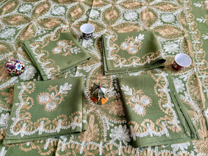 Table Cover: 58 x 58 inches Approx'. Olive Green background with Gold and White Silk Embroidery tablecloth Handmade Aghabani for Square tables
